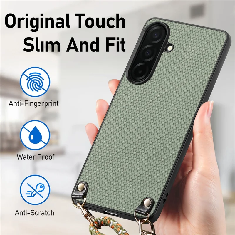 For Samsung Galaxy A57 5G Case Carbon Fiber Texture Hybrid Phone Back Cover with Adjustable Strap - Green
