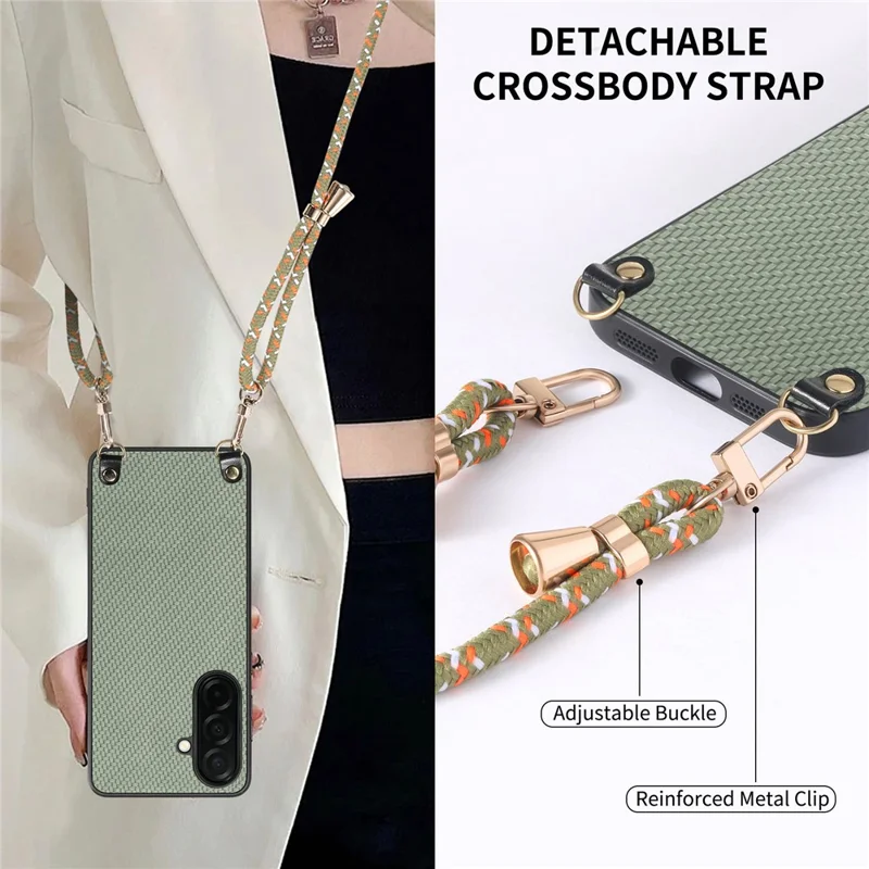 For Samsung Galaxy A57 5G Case Carbon Fiber Texture Hybrid Phone Back Cover with Adjustable Strap - Green