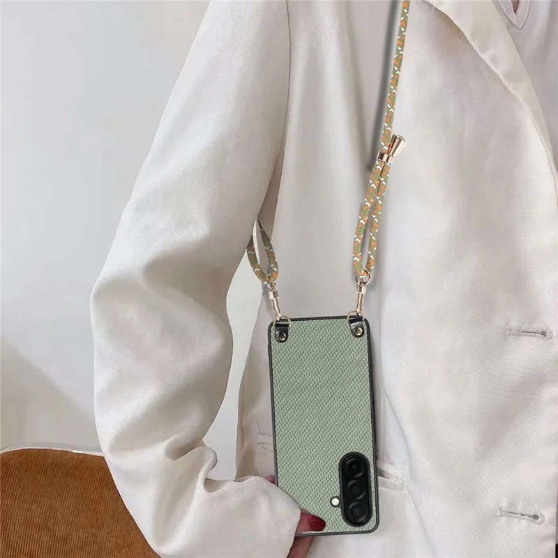 For Samsung Galaxy A57 5G Case Carbon Fiber Texture Hybrid Phone Back Cover with Adjustable Strap - Green