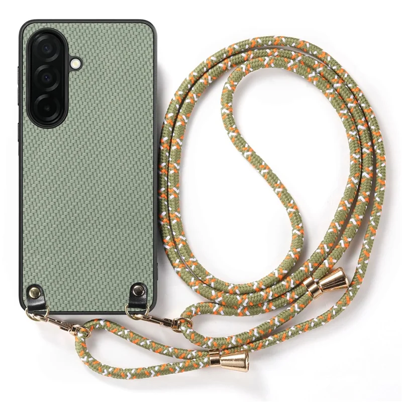 For Samsung Galaxy A37 5G Case Carbon Fiber Texture Hybrid Phone Back Cover with Adjustable Strap - Green