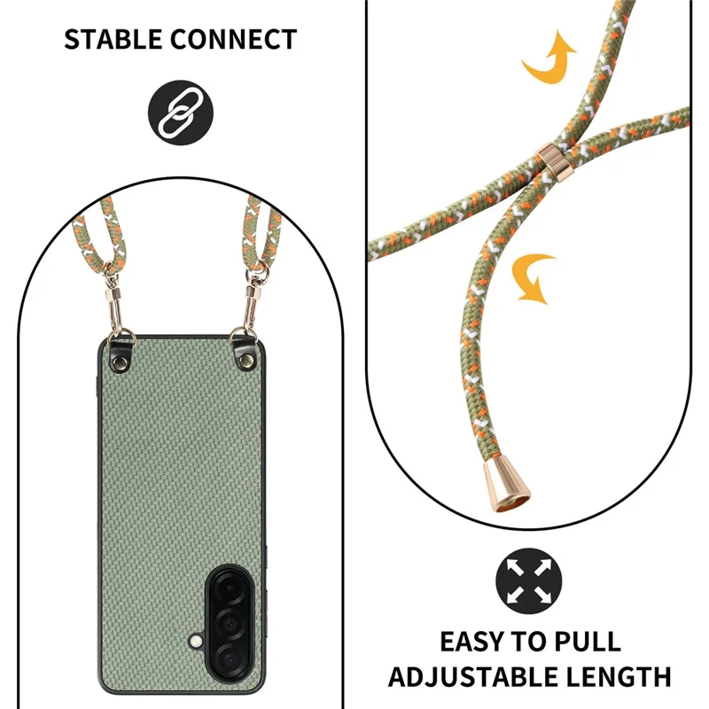 For Samsung Galaxy A37 5G Case Carbon Fiber Texture Hybrid Phone Back Cover with Adjustable Strap - Green