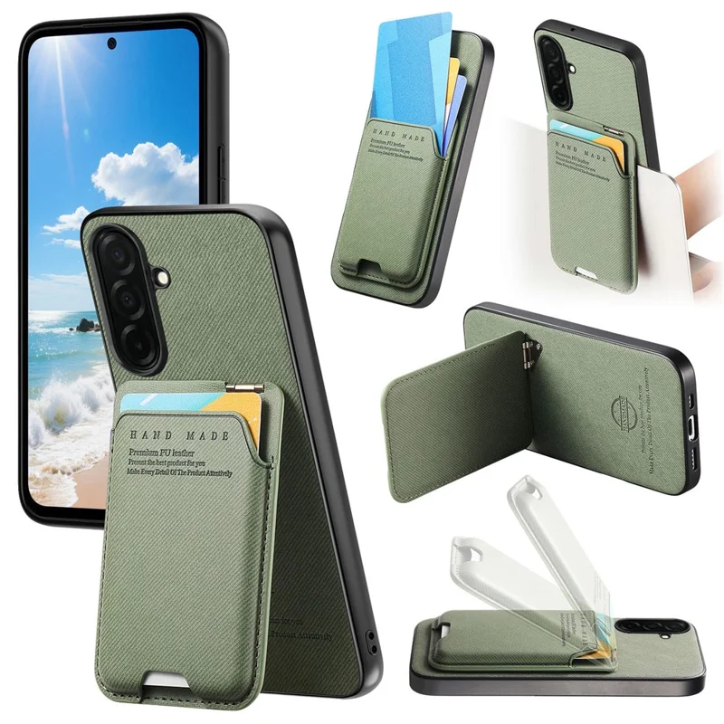 For Samsung Galaxy A57 5G Case Cloth Texture Leather + PC + TPU Phone Cover with Card Holder Kickstand - Green