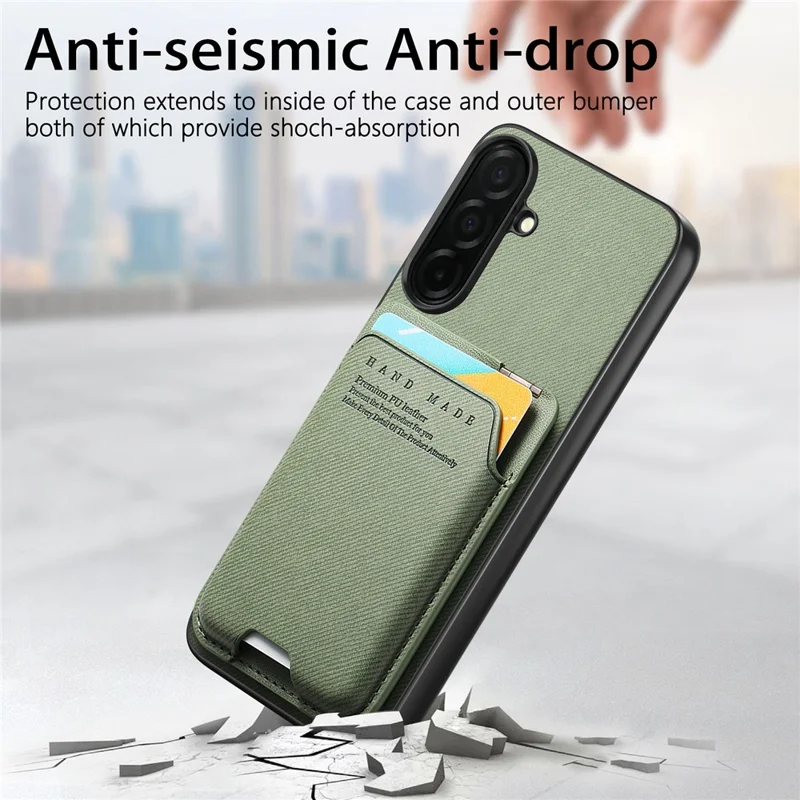 For Samsung Galaxy A57 5G Case Cloth Texture Leather + PC + TPU Phone Cover with Card Holder Kickstand - Green