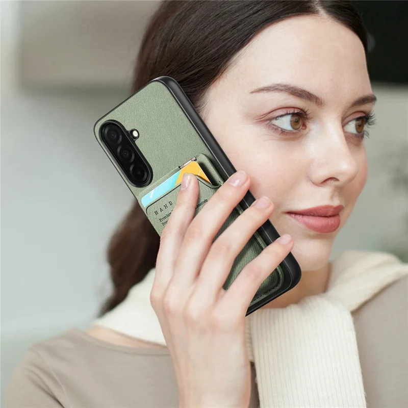 For Samsung Galaxy A37 5G Case Cloth Texture Leather + PC + TPU Phone Cover with Card Holder Kickstand - Green