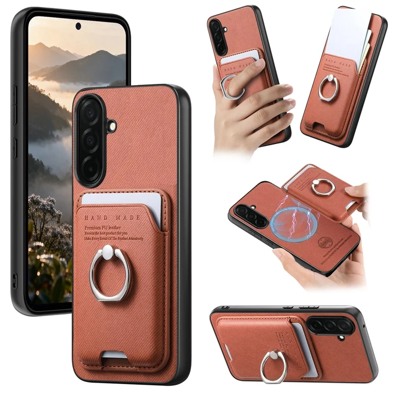 For Samsung Galaxy A57 5G Case Cloth Texture  Leather + PC + TPU Phone Cover with Detachable Magnetic Ring Kickstand Card Holder - Brown