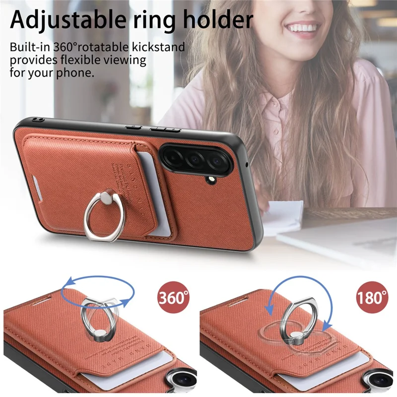 For Samsung Galaxy A57 5G Case Cloth Texture  Leather + PC + TPU Phone Cover with Detachable Magnetic Ring Kickstand Card Holder - Brown