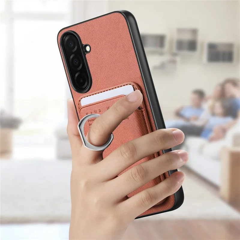 For Samsung Galaxy A57 5G Case Cloth Texture  Leather + PC + TPU Phone Cover with Detachable Magnetic Ring Kickstand Card Holder - Brown