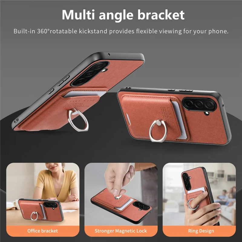 For Samsung Galaxy A57 5G Case Cloth Texture  Leather + PC + TPU Phone Cover with Detachable Magnetic Ring Kickstand Card Holder - Brown