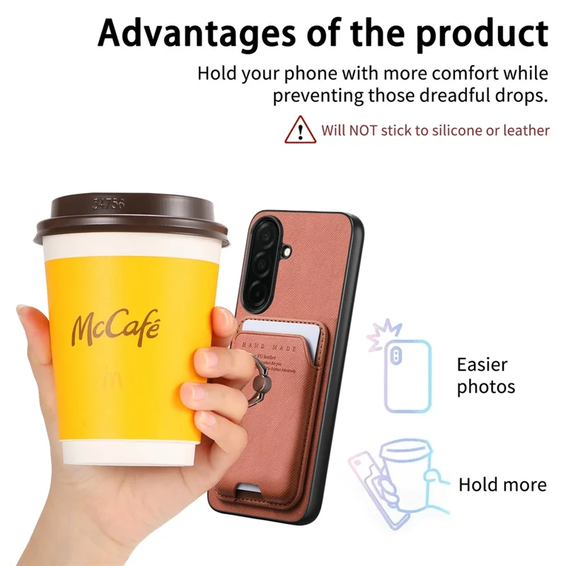 For Samsung Galaxy A57 5G Case Cloth Texture  Leather + PC + TPU Phone Cover with Detachable Magnetic Ring Kickstand Card Holder - Brown