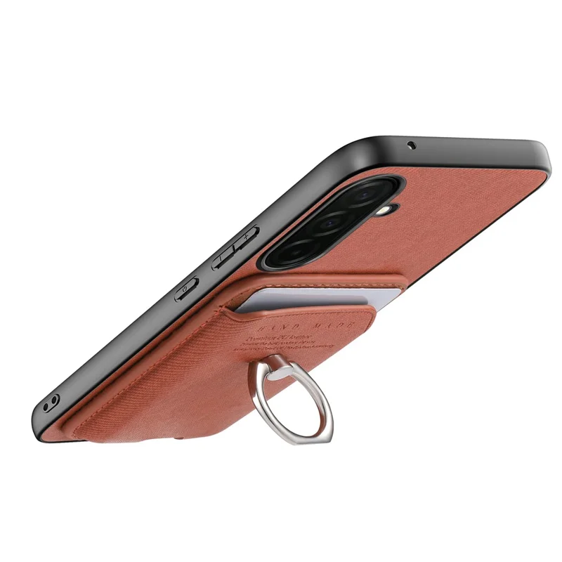 For Samsung Galaxy A57 5G Case Cloth Texture  Leather + PC + TPU Phone Cover with Detachable Magnetic Ring Kickstand Card Holder - Brown