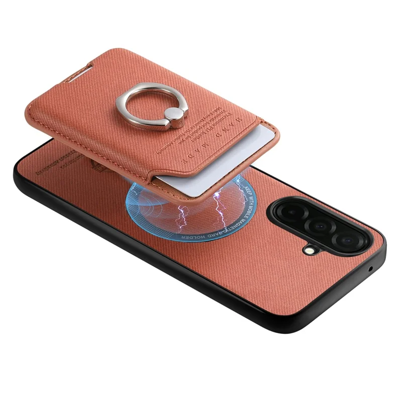 For Samsung Galaxy A57 5G Case Cloth Texture  Leather + PC + TPU Phone Cover with Detachable Magnetic Ring Kickstand Card Holder - Brown