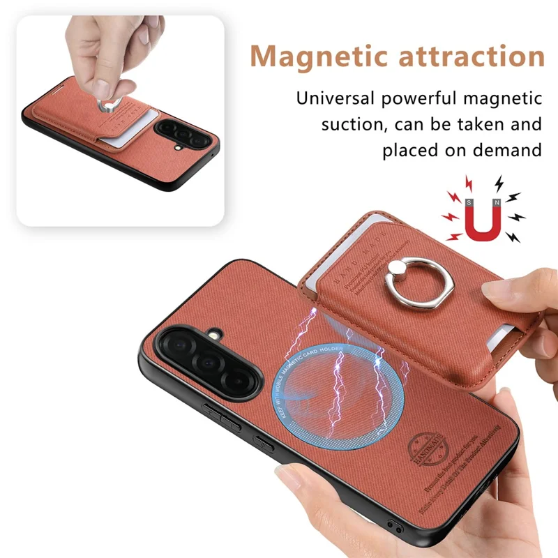 For Samsung Galaxy A57 5G Case Cloth Texture  Leather + PC + TPU Phone Cover with Detachable Magnetic Ring Kickstand Card Holder - Brown