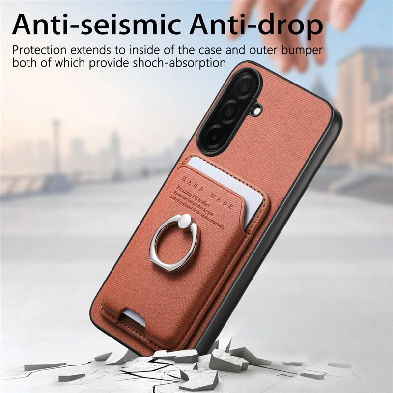 For Samsung Galaxy A57 5G Case Cloth Texture  Leather + PC + TPU Phone Cover with Detachable Magnetic Ring Kickstand Card Holder - Brown