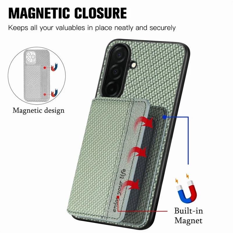 For Samsung Galaxy A37 5G Case RFID Blocking Carbon Fiber Leather Phone Back Cover with Card Holder - Green