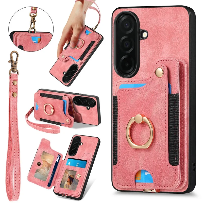 For Samsung Galaxy A57 5G Retro PU Leather Case Phone Cover with RFID Blocking Card Holder  /  Ring Holder - Pink