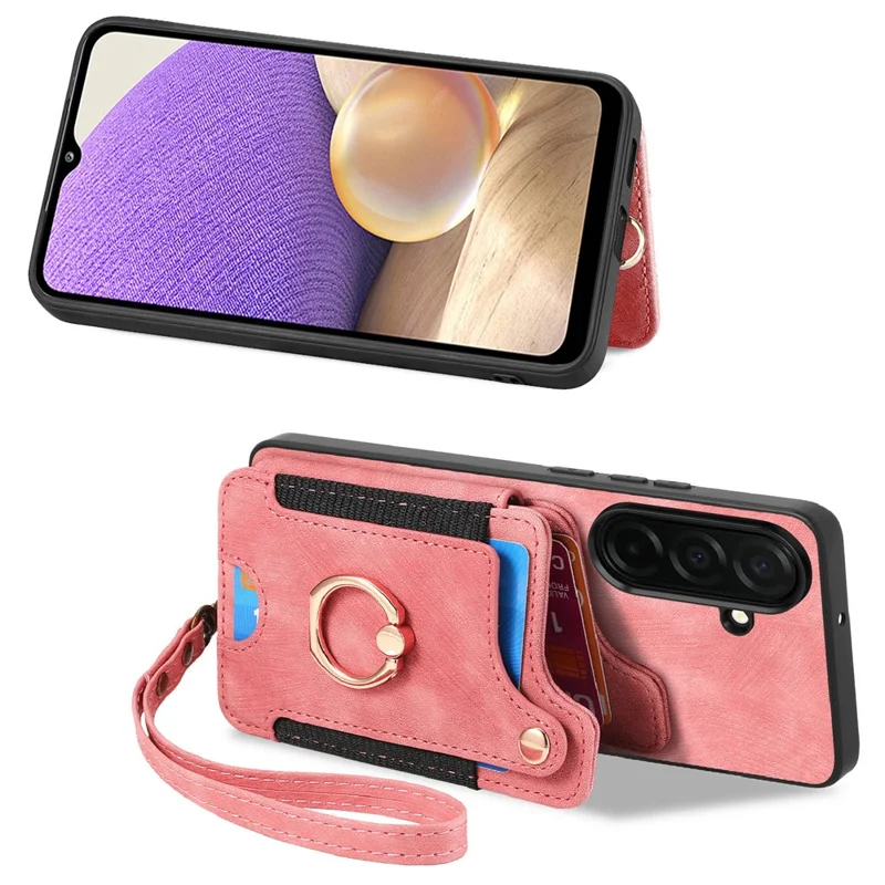 For Samsung Galaxy A57 5G Retro PU Leather Case Phone Cover with RFID Blocking Card Holder  /  Ring Holder - Pink