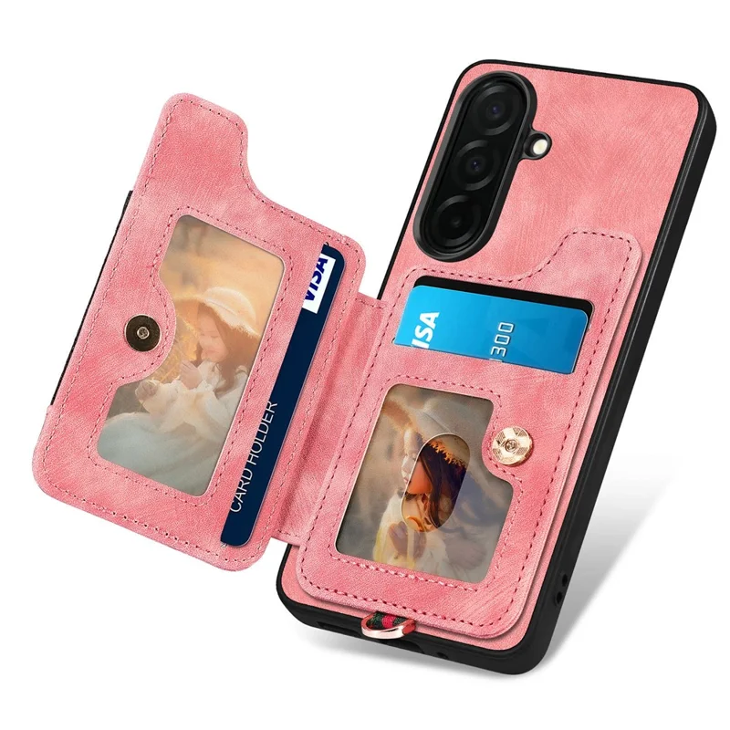 For Samsung Galaxy A57 5G Retro PU Leather Case Phone Cover with RFID Blocking Card Holder  /  Ring Holder - Pink