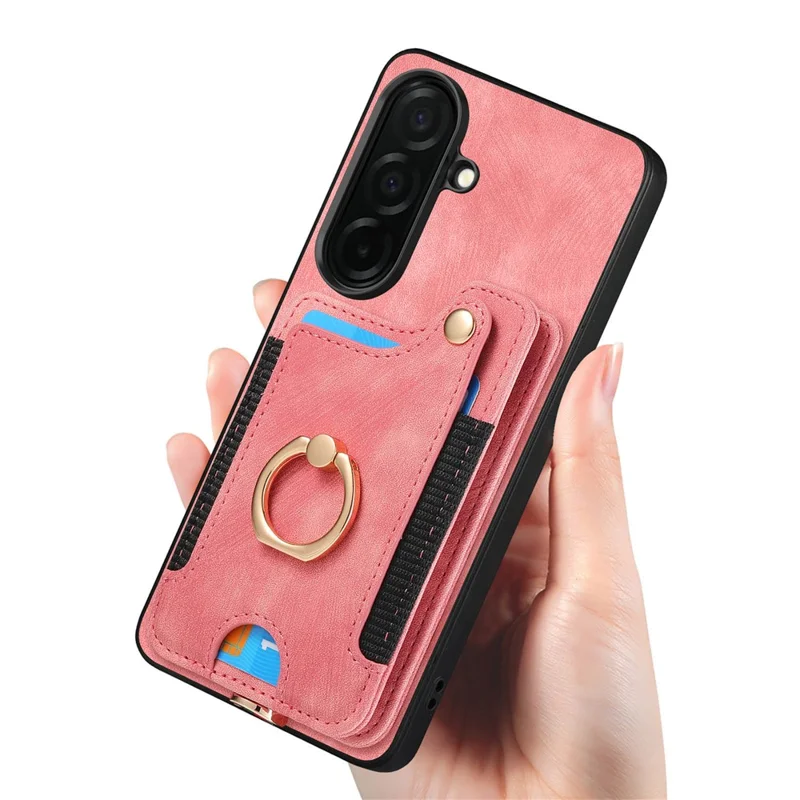 For Samsung Galaxy A37 5G Retro PU Leather Case Phone Cover with RFID Blocking Card Holder  /  Ring Holder - Pink