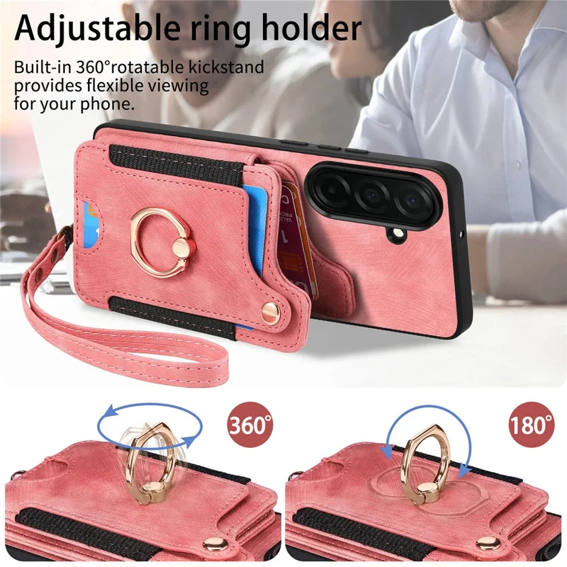 For Samsung Galaxy A37 5G Retro PU Leather Case Phone Cover with RFID Blocking Card Holder  /  Ring Holder - Pink