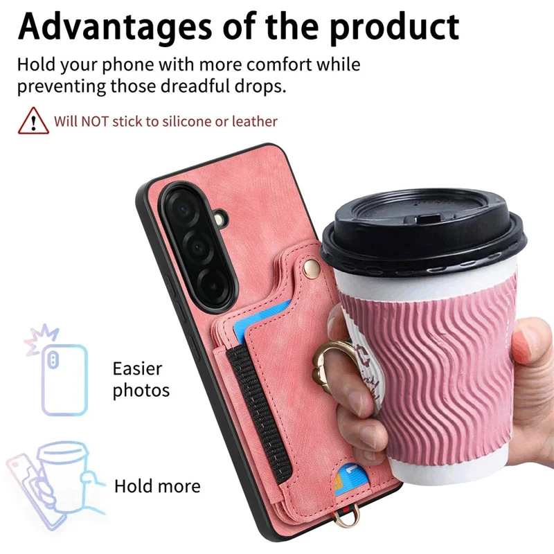 For Samsung Galaxy A37 5G Retro PU Leather Case Phone Cover with RFID Blocking Card Holder  /  Ring Holder - Pink