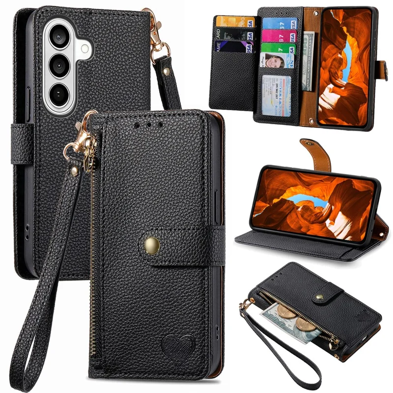 For Samsung Galaxy A37 5G Case RFID Blocking Zipper Pocket Leather Wallet Phone Cover with Strap - Black