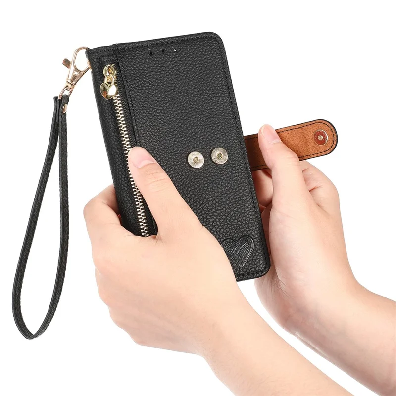 For Samsung Galaxy A37 5G Case RFID Blocking Zipper Pocket Leather Wallet Phone Cover with Strap - Black