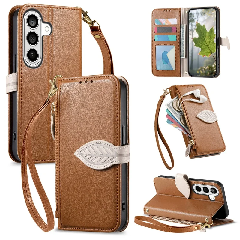 For Samsung Galaxy A57 5G Stand Case Leaf Shape Magnetic Clasp Leather Phone Cover with Hand Strap - Brown