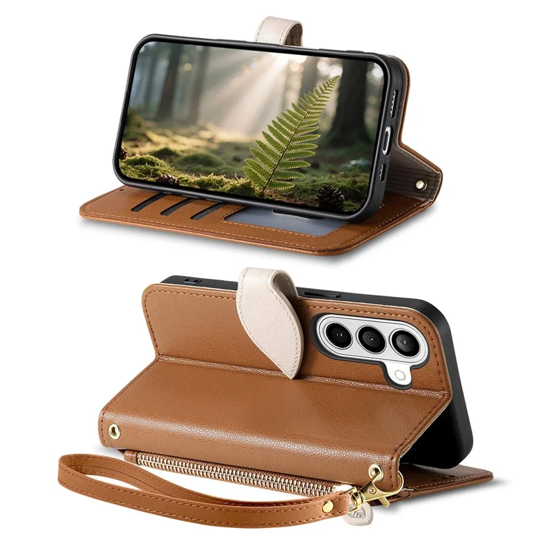 For Samsung Galaxy A57 5G Stand Case Leaf Shape Magnetic Clasp Leather Phone Cover with Hand Strap - Brown
