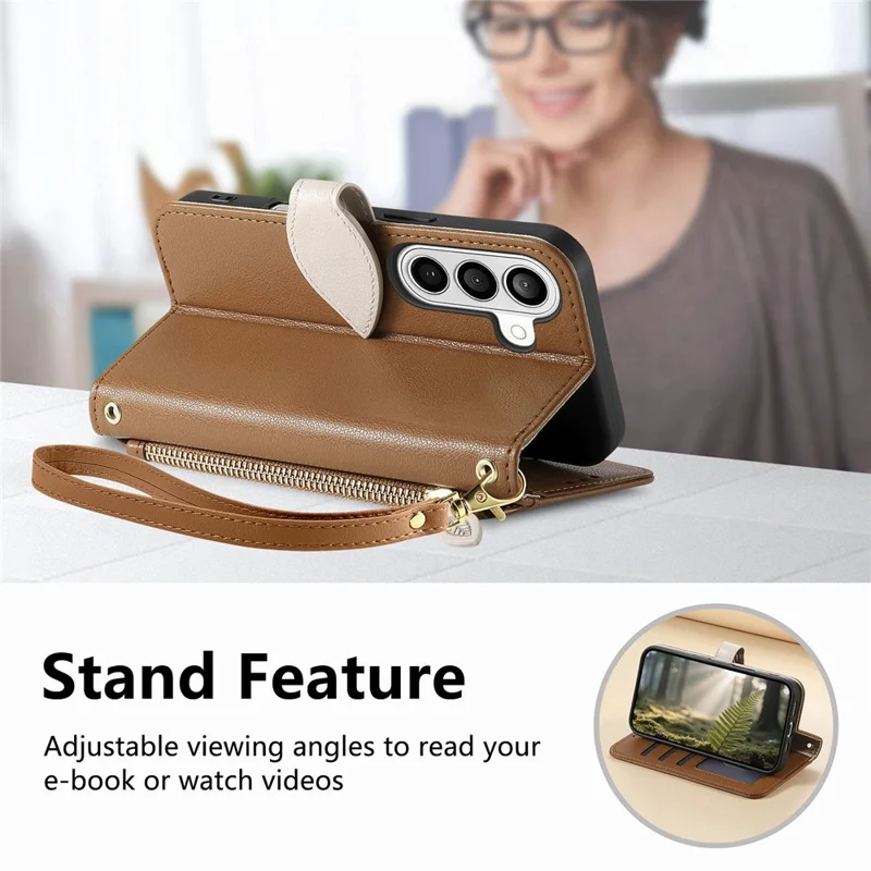 For Samsung Galaxy A57 5G Stand Case Leaf Shape Magnetic Clasp Leather Phone Cover with Hand Strap - Brown