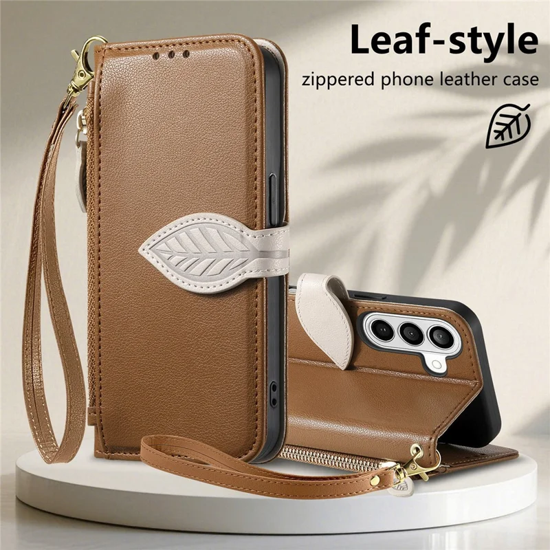 For Samsung Galaxy A57 5G Stand Case Leaf Shape Magnetic Clasp Leather Phone Cover with Hand Strap - Brown