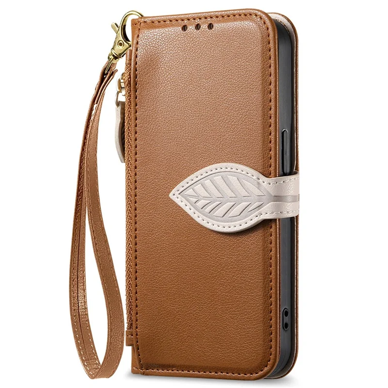 For Samsung Galaxy A57 5G Stand Case Leaf Shape Magnetic Clasp Leather Phone Cover with Hand Strap - Brown