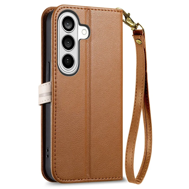 For Samsung Galaxy A57 5G Stand Case Leaf Shape Magnetic Clasp Leather Phone Cover with Hand Strap - Brown