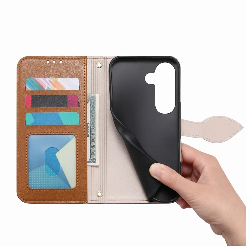 For Samsung Galaxy A37 5G Stand Case Leaf Shape Magnetic Clasp Leather Phone Cover with Hand Strap - Brown