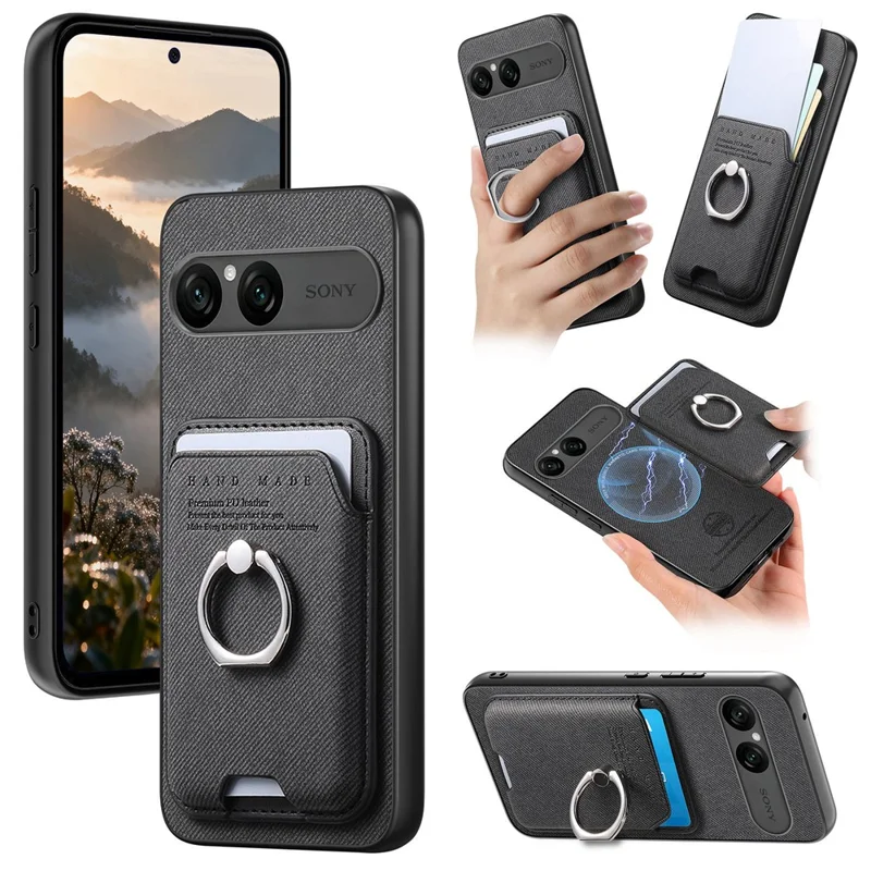 For Sony Xperia 10 VII Case Cloth Texture  Leather + PC + TPU Phone Cover with Detachable Magnetic Ring Kickstand Card Holder - Black