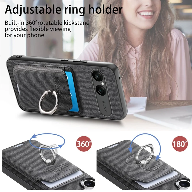 For Sony Xperia 10 VII Case Cloth Texture  Leather + PC + TPU Phone Cover with Detachable Magnetic Ring Kickstand Card Holder - Black