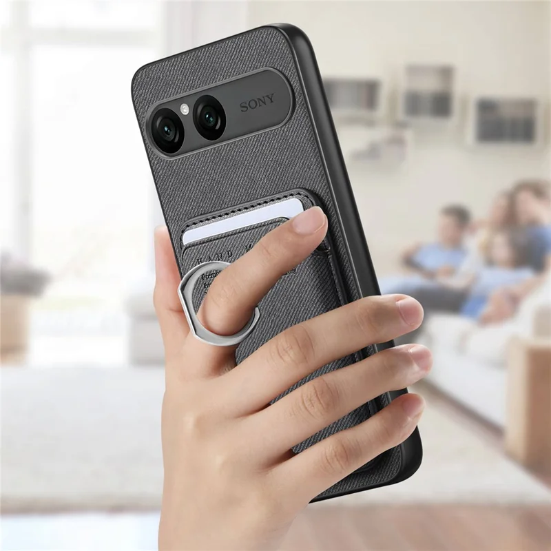 For Sony Xperia 10 VII Case Cloth Texture  Leather + PC + TPU Phone Cover with Detachable Magnetic Ring Kickstand Card Holder - Black