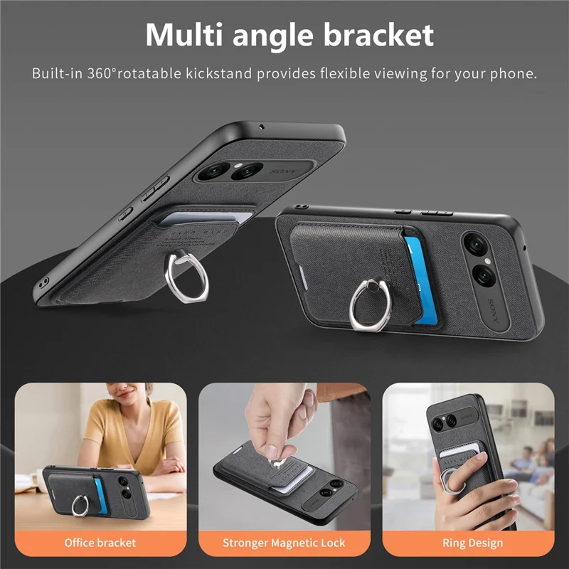 For Sony Xperia 10 VII Case Cloth Texture  Leather + PC + TPU Phone Cover with Detachable Magnetic Ring Kickstand Card Holder - Black