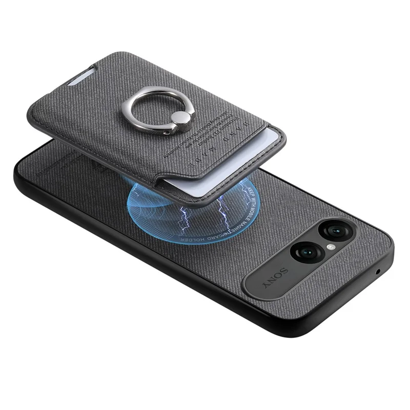 For Sony Xperia 10 VII Case Cloth Texture  Leather + PC + TPU Phone Cover with Detachable Magnetic Ring Kickstand Card Holder - Black