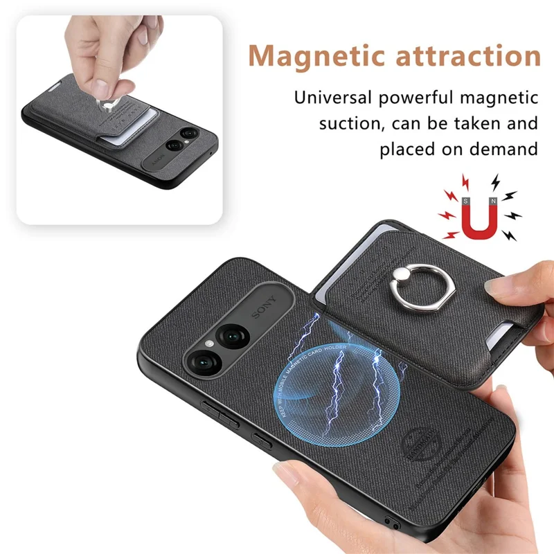 For Sony Xperia 10 VII Case Cloth Texture  Leather + PC + TPU Phone Cover with Detachable Magnetic Ring Kickstand Card Holder - Black