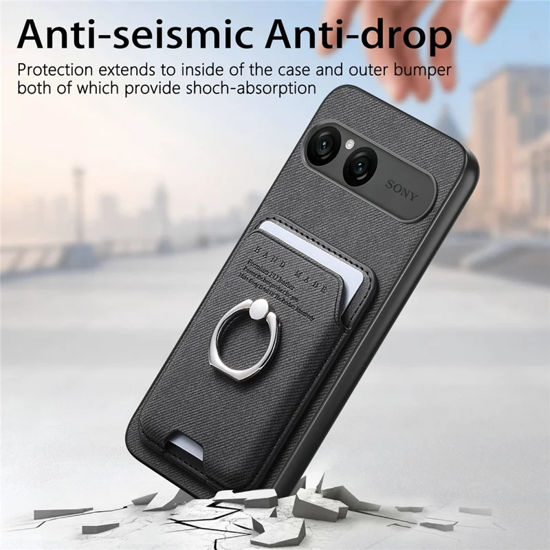 For Sony Xperia 10 VII Case Cloth Texture  Leather + PC + TPU Phone Cover with Detachable Magnetic Ring Kickstand Card Holder - Black