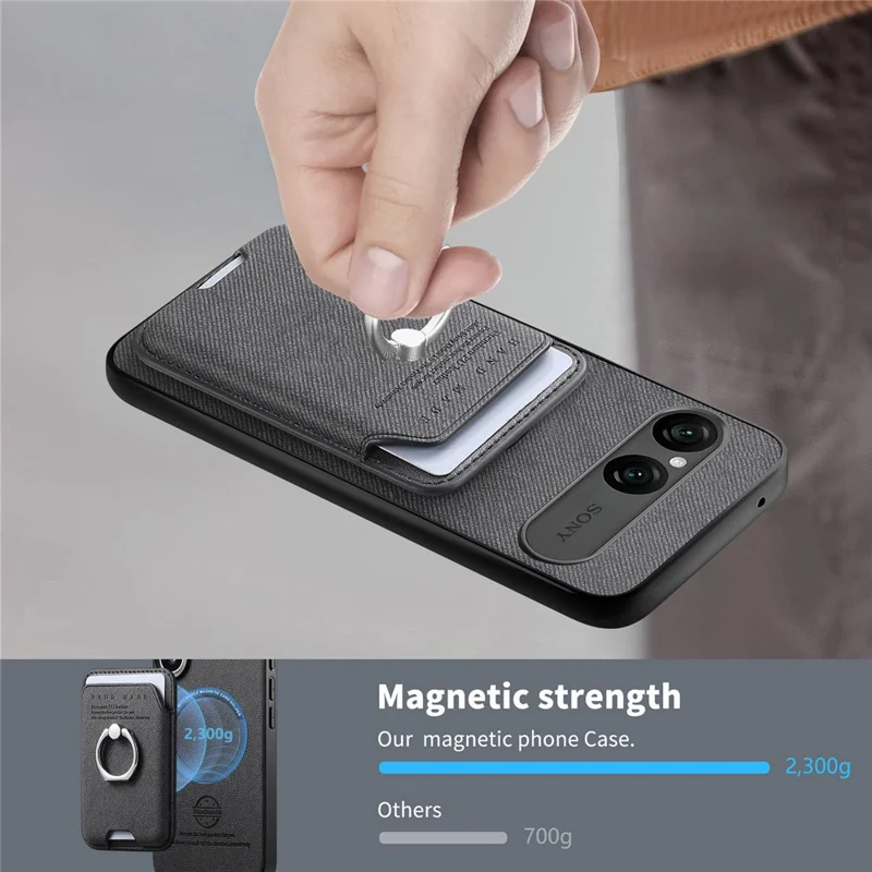 For Sony Xperia 10 VII Case Cloth Texture  Leather + PC + TPU Phone Cover with Detachable Magnetic Ring Kickstand Card Holder - Black