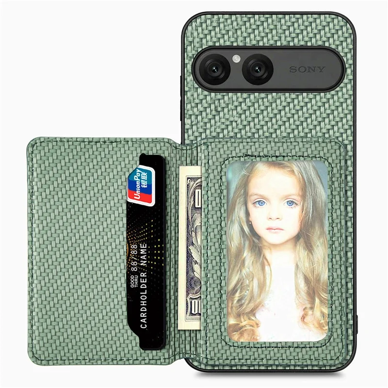 For Sony Xperia 10 VII Case RFID Blocking Carbon Fiber Leather Phone Back Cover with Card Holder - Green