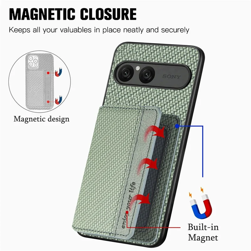 For Sony Xperia 10 VII Case RFID Blocking Carbon Fiber Leather Phone Back Cover with Card Holder - Green