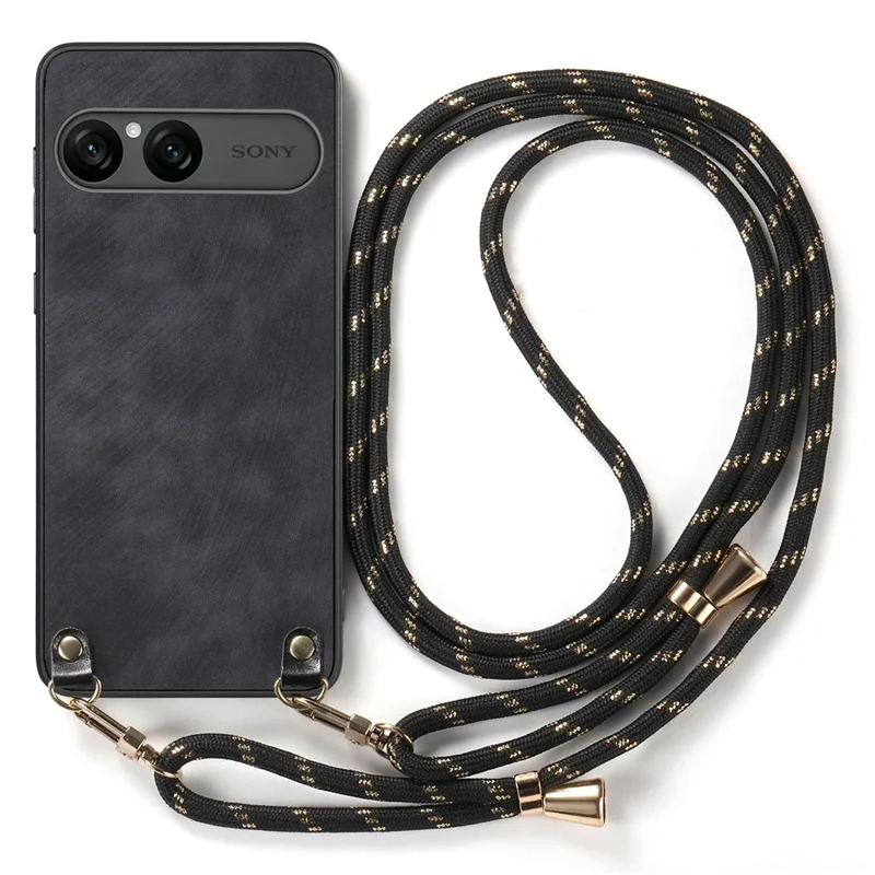 For Sony Xperia 10 VII Retro Leather Phone Back Cover with Adjustable Strap - Black