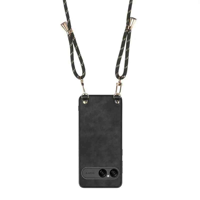 For Sony Xperia 10 VII Retro Leather Phone Back Cover with Adjustable Strap - Black