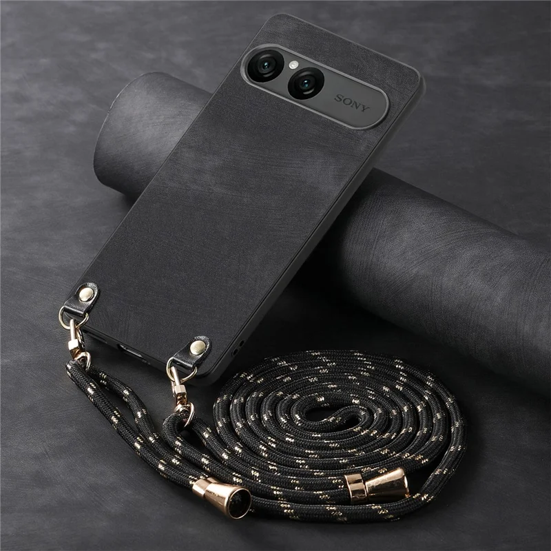 For Sony Xperia 10 VII Retro Leather Phone Back Cover with Adjustable Strap - Black