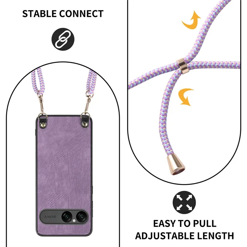 For Sony Xperia 10 VII Retro Leather Phone Back Cover with Adjustable Strap - Black