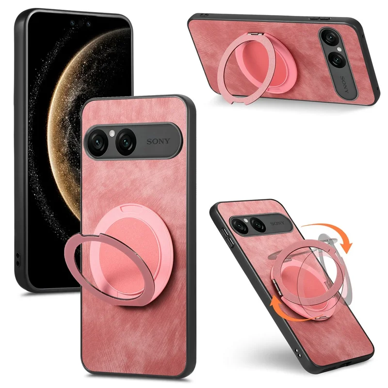 For Sony Xperia 10 VII Stress Relief Retro Leather Back Cover Phone Case with Rotating Kickstand - Pink