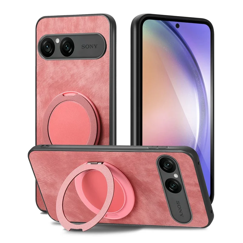 For Sony Xperia 10 VII Stress Relief Retro Leather Back Cover Phone Case with Rotating Kickstand - Pink