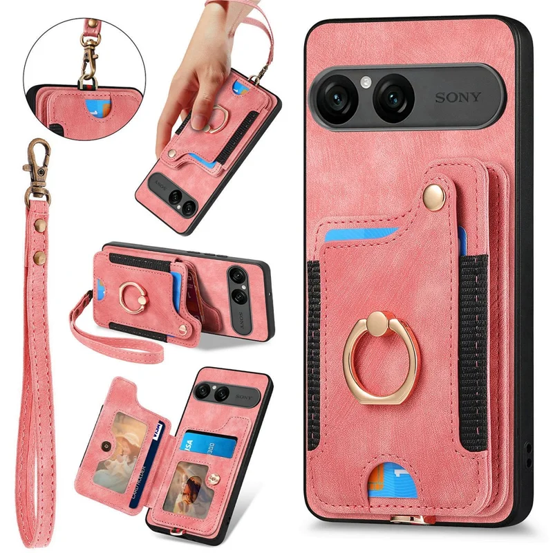 For Sony Xperia 10 VII Retro PU Leather Case Phone Cover with RFID Blocking Card Holder  /  Ring Holder - Pink